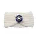 White knitted headband with blue crystal rhinestone flower brooch, warm winter hair accessory. - Cream