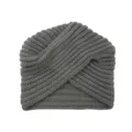 Detail view of the cozy grey knit cross turban beanie hat, showing fine yarn texture. - One Size / Dark Gray
