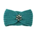 Teal knitted headband with sparkling rhinestone flower, cozy ear warmer for winter sports. - Post Green