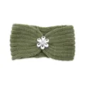 Olive green knitted headband with crystal flower rhinestones, warm winter hair accessory. - Pickle Green