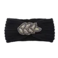 Black knitted headband with rhinestone leaf embellishment, stylish warm hair accessory. - Black