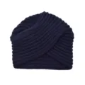 Navy blue knitted turban detail, cozy cashmere-feel cross beanie knitwear close-up view. - One Size / Navy Blue