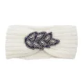 White knitted rhinestone headband with beaded leaf decor warm winter hair accessory. - Cream