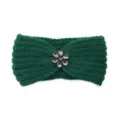 Dark green knitted headband with rhinestone flower, cozy winter ear warmer and sports hair accessory. - Dark Green