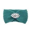 Green knit headband with sparkling crystal rhinestone flower decor, warm winter hair accessory. - Post Green