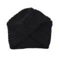 Detailed view of black knitted turban hat, cozy cross design woolen winter beanie for women. - One Size / Black