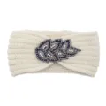 Beige knitted headband with sparkling rhinestone leaf design, warm winter hair accessory. - Beige
