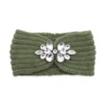 Green rhinestone knitted headband, warm winter fleece hair band for women and sports. - Olive Green