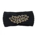 Black knitted wool headband with exquisite beaded leaf design, warm and stylish hair accessory - Black