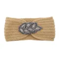 Knitted winter headband with sparkling beaded leaf rhinestone design, warm hair accessory. - Camel