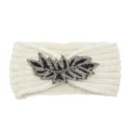 Cozy knitted headband featuring exquisite beaded leaf embellishment. Perfect warm winter hair accessory. - Beige