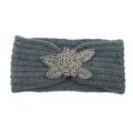 Grey knitted headband with beaded flower applique, cozy winter hair accessory for women. - Dark Gray