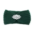 Dark green knit headband with sparkling rhinestone crystal flower charm warm hair accessory for women - Dark Green