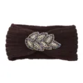 Dark brown knit headband with crystal beaded leaf decor, warm and stylish hair accessory. - Coffee