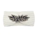 White knitted headband with black gold beaded leaf decor, warm winter hair accessories. - Cream