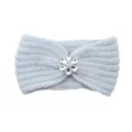 Light blue knitted headband ear warmer featuring a sparkling crystal flower brooch for winter. - Silver Gray