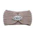 Knitted headband for women with crystal flower rhinestone, warm winter hair accessory khaki. - Dusty Pink