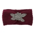 Burgundy knitted headband with beaded flower patch, warm winter hair accessory for women. - Fuschia