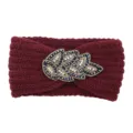 Burgundy knitted headband featuring a crystal rhinestone leaf embellishment for women. - Fuschia