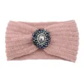 Pink knitted headband with crystal rhinestone brooch stylish winter warm hair accessory - Shrimp Pink