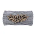 Grey knitted headband with beaded leaf decoration, winter warm fleece hair accessory for women. - Medium Grey
