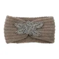 Knitted wool headband with beaded flower decor, winter warm hair accessory, stylish brown ear warmer. - Khaki
