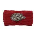 Red knitted headband with sparkling beaded leaf decor, warm winter hair accessory. - Jujube Red