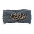 Grey knitted rhinestone headband, wool hair hoop with beaded leaf design for warm styling. - Dark Gray