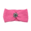 Pink knit headband with rhinestone flower, stylish warm ear warmer for daily winter wear. - Peach Pink