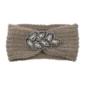 Knitted headband with rhinestone leaf design, khaki warm hair accessory for winter. - Khaki