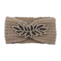 Knitted headband with black beaded leaf decoration, warm winter ear warmer for women and girls. - Khaki