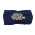 Dark blue knitted rhinestone leaf headband, warm winter ear warmer hair accessory for women. - Navy Blue