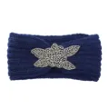 Navy blue knitted headband featuring a sparkly beaded floral applique, cozy ear warmer. - Navy Blue
