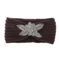 Brown knitted winter headband with sparkling beaded flower decoration for women warm hair accessory - Coffee