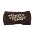 Brown knitted headband with beaded leaf design, warm winter hair accessory for women. - Coffee