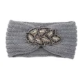 Grey knitted headband with sparkling rhinestone leaf beaded design for winter warmth. - Medium Grey