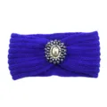 Blue knitted wool headband with crystal gemstone brooch, warm ear warmer hair accessory. - Sapphire Blue