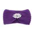 Purple knit headband with crystal rhinestone flower, warm winter hair accessory for yoga. - Purple