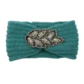 Dark green rhinestone knit headband, sparkling beaded leaf winter warm ear warmer band. - Post Green