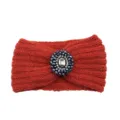 Red knitted headband with crystal rhinestone gemstone center, warm winter hair accessory variant. - Red