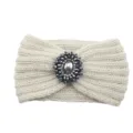 Beige knitted wool headband with sparkling crystal gemstone for warm winter daily wear. - Beige