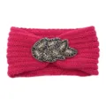 Chic pink knitted winter headband featuring elegant beaded leaf detail, warm ear protector. - Rose Red