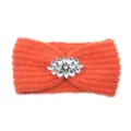 Orange knitted headband with crystal rhinestone brooch, warm winter ear warmer hair accessory. - Orange