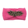 Pink knitted wool headband with beaded leaf rhinestones warm winter hair accessory for women. - Peach Pink