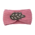 Pink knitted winter headband with sparkling rhinestone leaf beaded embellishment for women. - Dusty Pink