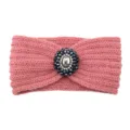 Pink knitted headband with crystal rhinestone flower decor, warm winter hair accessory. - Leather Pink