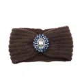 Brown knitted headband with blue rhinestone flower crystal winter warm hair accessory 1pc - Coffee