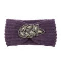 Purple knitted headband with sparkly beaded leaf decoration, warm winter hair accessory. - Purple
