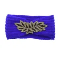 Blue knitted headband with beaded leaf motif, warm winter hair accessory variant. - Sapphire Blue