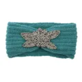 Teal knit headband with silver beaded flower, cozy winter hair accessory for women. - Post Green